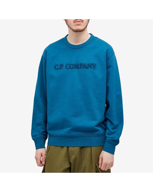 C P Company Blue Cotton Diagonal Fleece Logo Sweatshirt for men