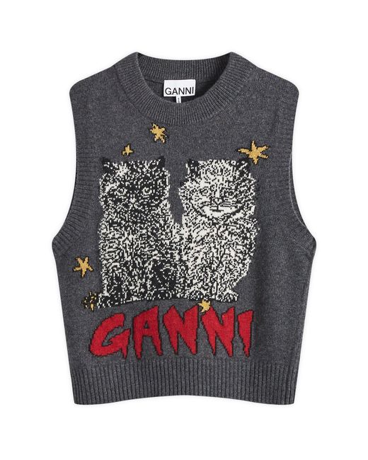 Ganni Gray Graphic Wool Mix Cats Vest