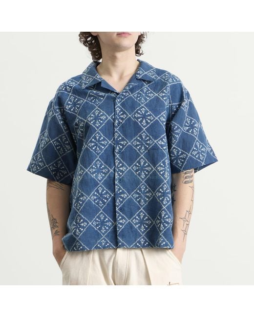 STORY mfg. Blue Hand Block Printed Greetings Shirt for men