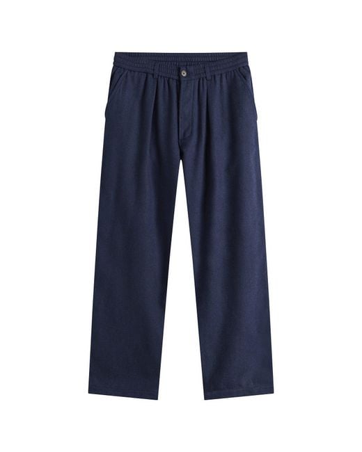 Universal Works Blue Wool Herringbone Pleated Track Pant for men