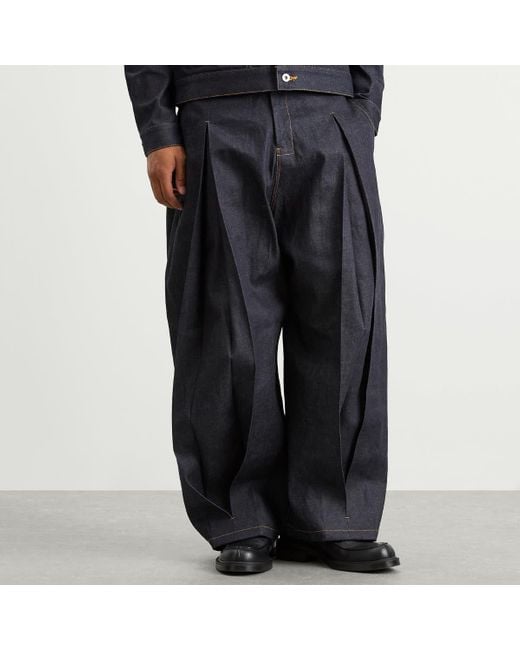 SAGE NATION Blue Raw Box Pleat Trouser for men