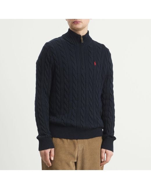 Polo Ralph Lauren Blue Cable Knit Half Zip Jumper for men