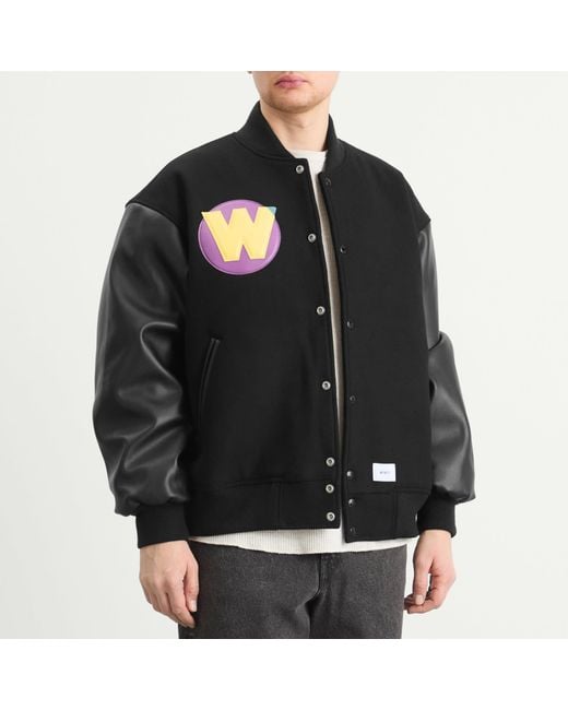 (w)taps Black Applique Varsity Jacket for men