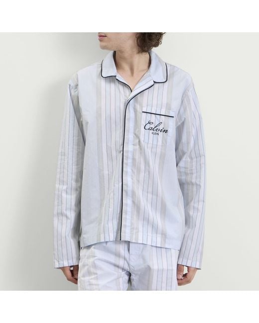 Calvin Klein Blue Poplin Script Button Down Pyjama Top for men