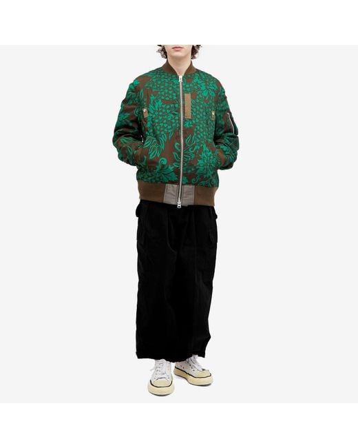 Sacai Green Floral Embroidered Patch Bomber Jacket for men