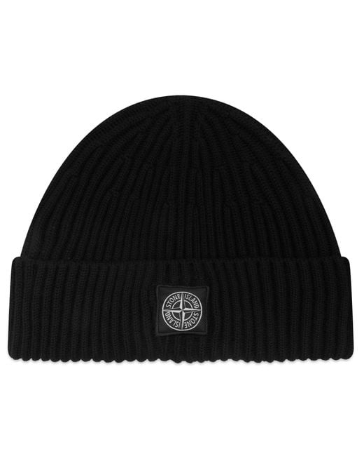 Stone Island Black Full Rib Rws Wool Beanie for men