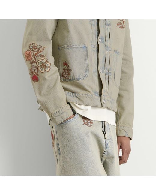 Drole de Monsieur Gray Embroidered Flowers Patch Denim Jacket for men