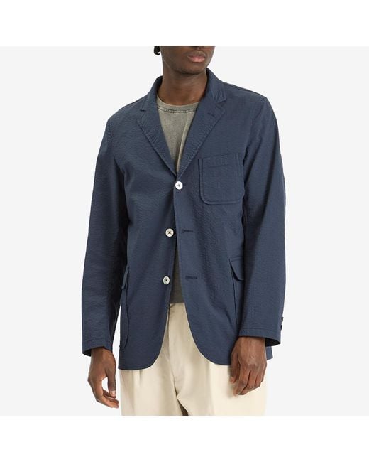 Beams Plus Blue 3 Button Coolmax Seersucker Blazer for men