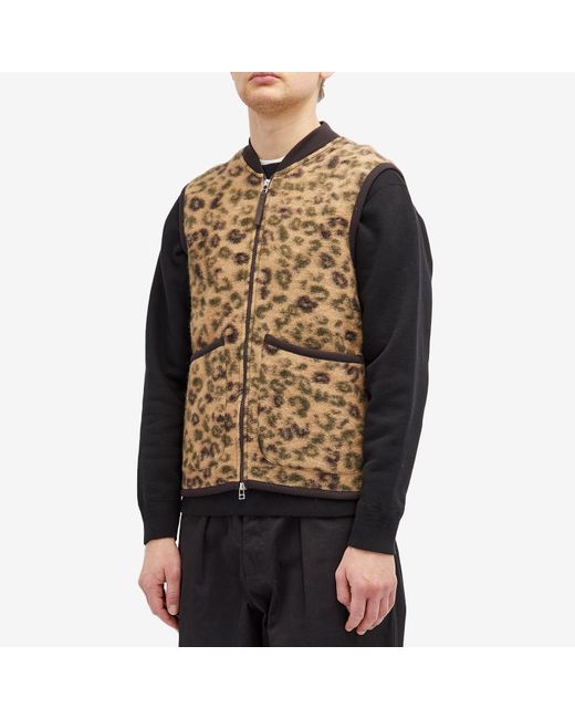 Universal Works Brown Leopard Wool Fleece Gilet for men