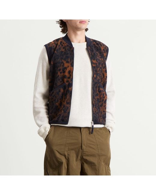 Universal Works Black Night Leopard Zip Waistcoat for men