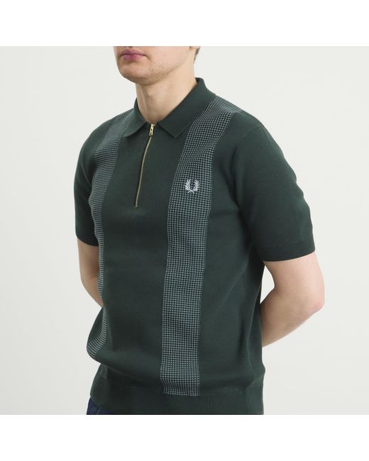 Fred Perry Green Panel Knitted Polo Shirt for men