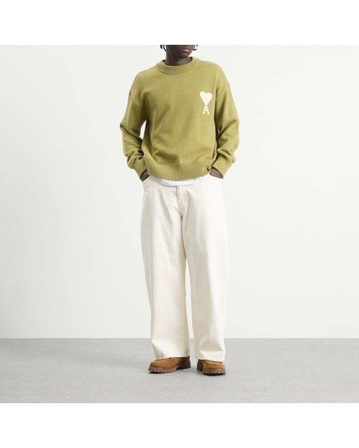 AMI Green Crewneck Sweater With Contrasted Ami De Coeur for men