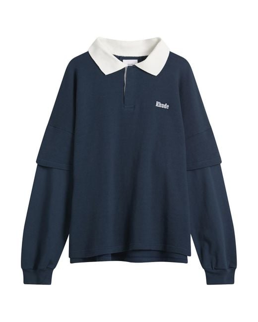 Rhude Blue Striped Layered Long Sleeve Pique Polo for men