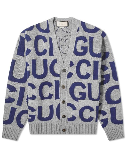 Gucci Blue Intarsia Logo Knit Cardigan for men