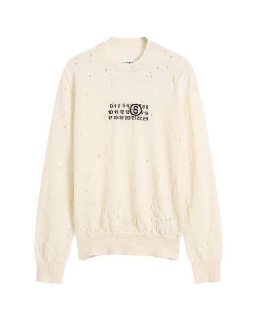 Maison Margiela White Mm6 Numbers Logo Distressed Knitted Jumper for men