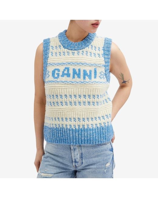 Ganni Blue Graphic Lambswool O-Neck Vest
