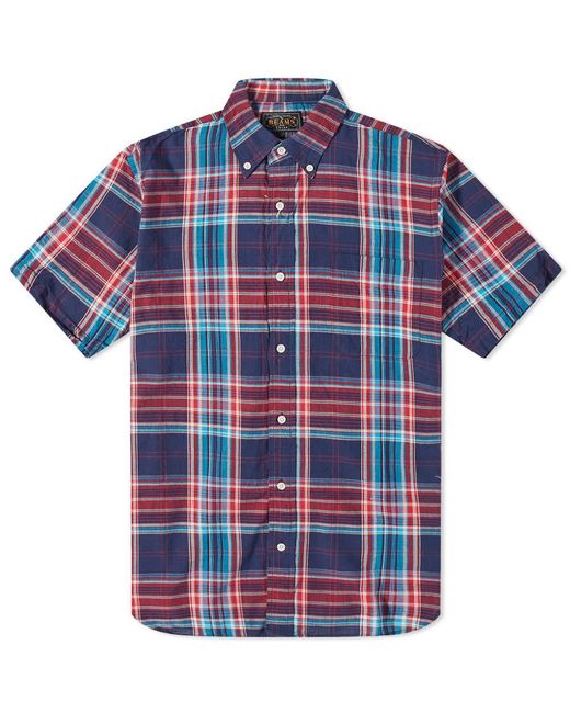 Beams Plus Cotton Short Sleeve Indian Madras Check Shirt in Navy (Blue ...