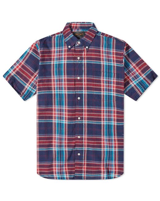Beams Plus Cotton Short Sleeve Indian Madras Check Shirt in Navy (Blue
