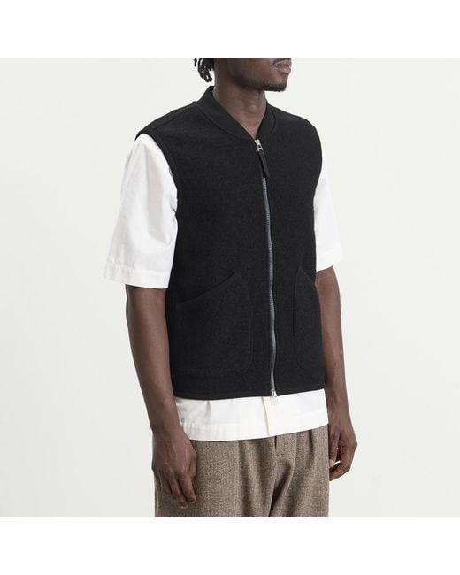 Universal Works Black Wool Fleece Zip Waistcoat for men