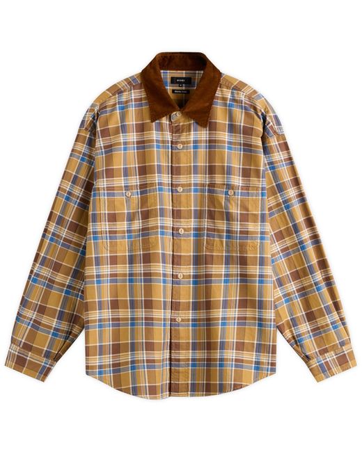 Beams Plus Brown Corduroy Collar Check Work Shirt for men