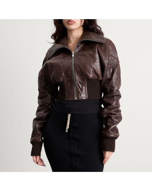 Rick Owens Black Cropped Leather Bomber Jacket