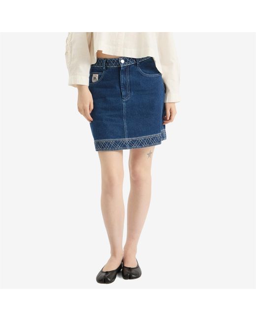 Bode Blue Embroidered Denim Skirt
