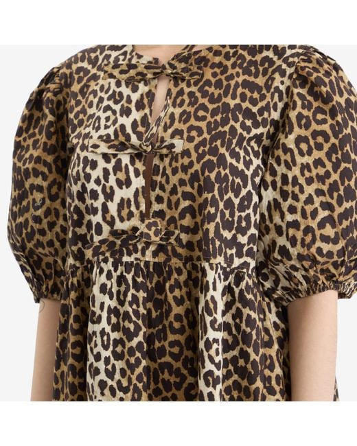 Ganni Brown Printed Cotton Tie String Mini Dress