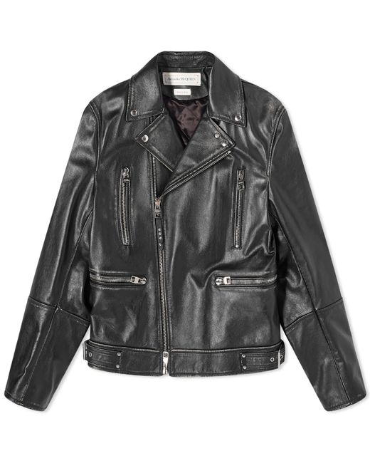 Alexander McQueen Black Distressed Essential Leather Biker Jacket for men
