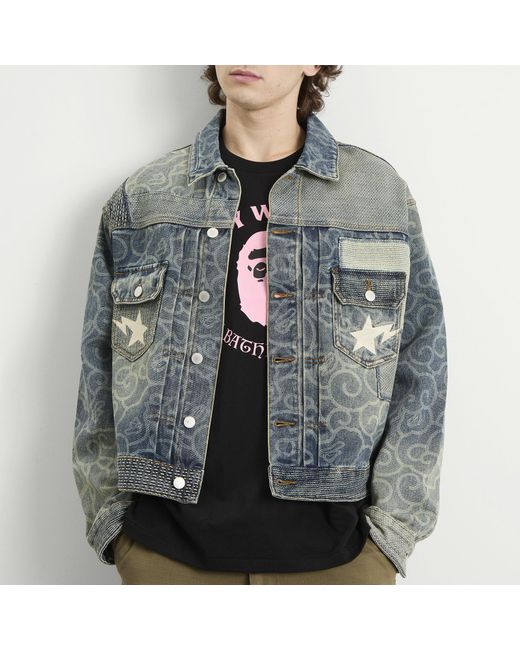 A Bathing Ape Blue Cloud Camo Upcycled Denim Trucker Jacket for men