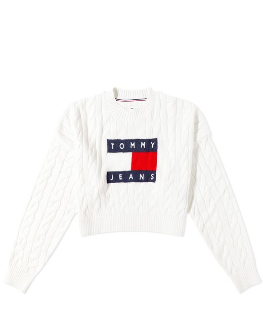 Tommy Hilfiger White Boxy Flag Logo Cable Knit Jumper