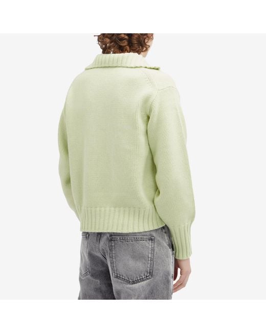 Auralee Green Wool Soft Cord Quarter Zip Sweat for men