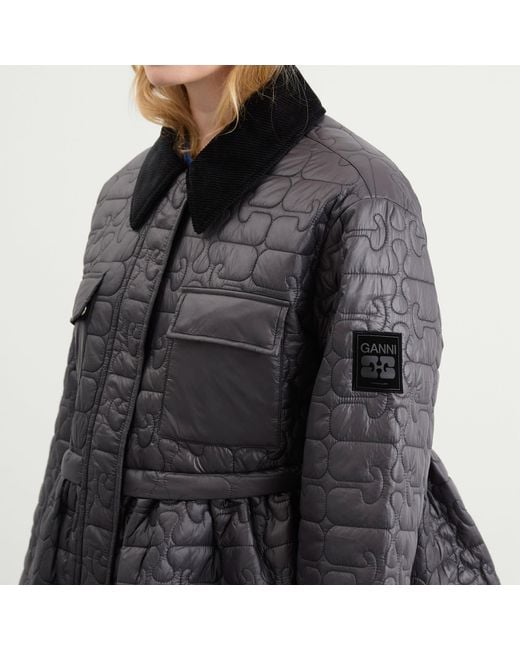 Ganni Gray Shiny Quilt Midi Jacket