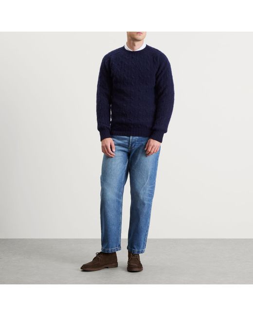 Drake's Blue Brushed Shetland Cable Jumper for men