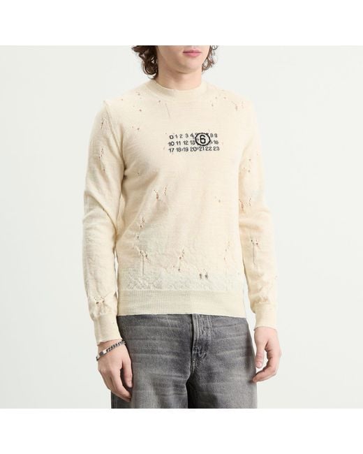 Maison Margiela White Mm6 Numbers Logo Distressed Knitted Jumper for men