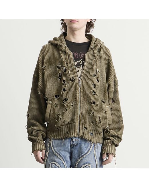 THUG CLUB Green Distressed Knitted Hoodie for men