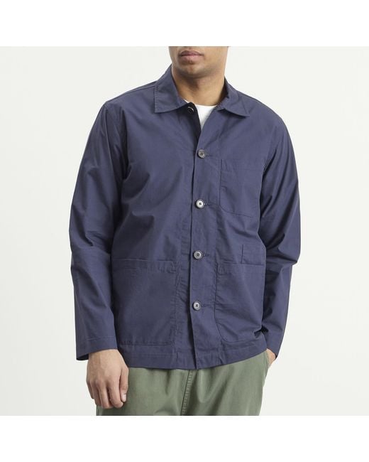 Universal Works Blue Peached Poplin Bakers Overshirt for men
