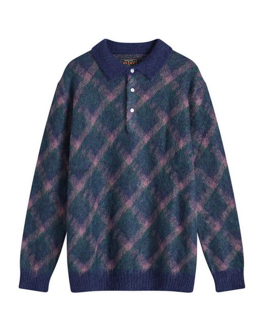Beams Plus Blue Long Sleeve Jacquard Knit Polo for men