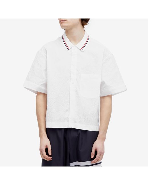 Thom Browne White Knit Collar Short Sleeve Seersucker Shirt for men