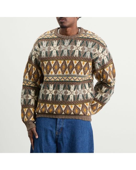 Beams Plus Brown Fair Isle Crew Neck Jumper for men
