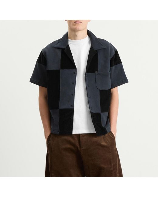 Les Tien Black Patchwork Short Sleeve Cuban Shirt for men