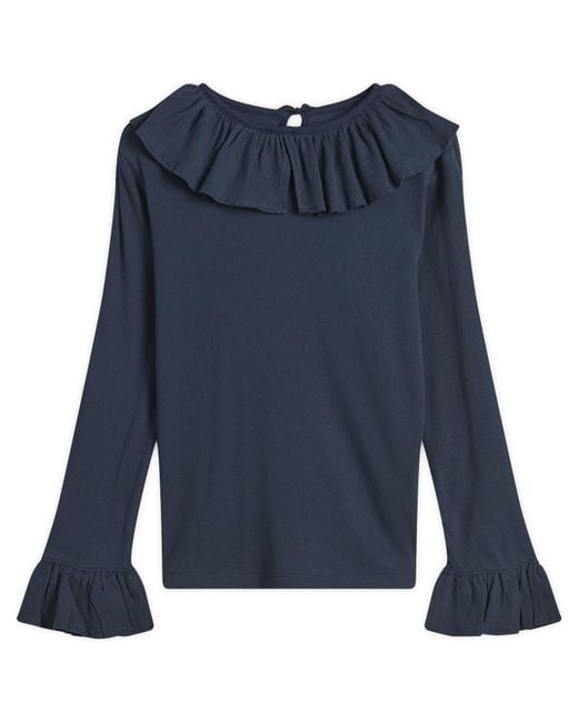 Beams Boy Blue Rib Knitted Ruffle Gathered Long Sleeve T-Shirt