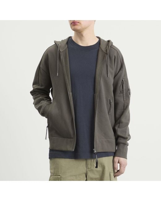C P Company Gray Diagonal Raised Fleece Hooded Lens Sweatshirt for men