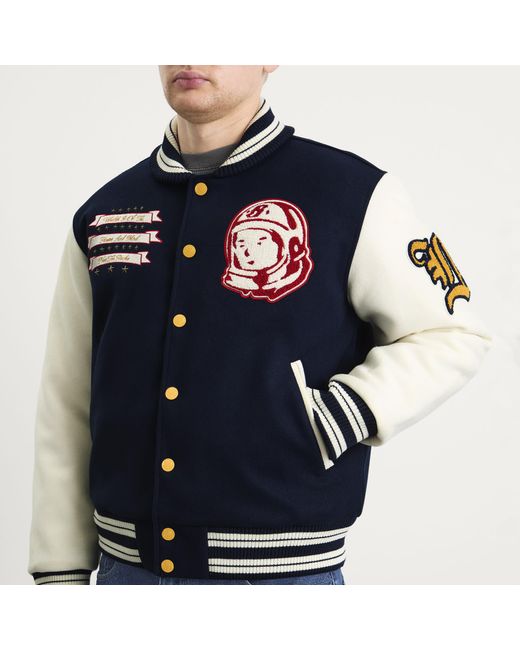 BBCICECREAM Blue Fanfare Script Logo Varsity Jacket for men