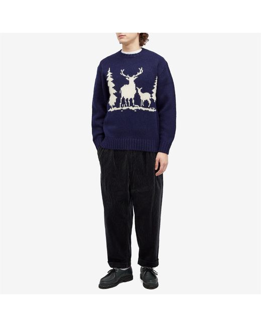 Beams Plus Blue Intarsia Stag Jumper for men