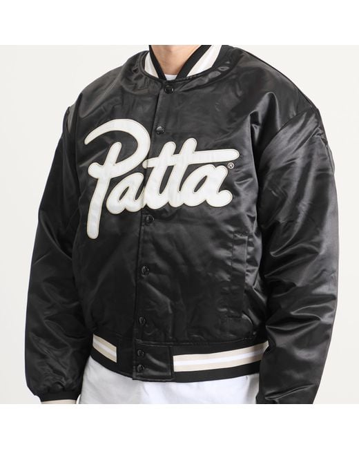 PATTA Black Script Logo Satin Varsity Jacket for men