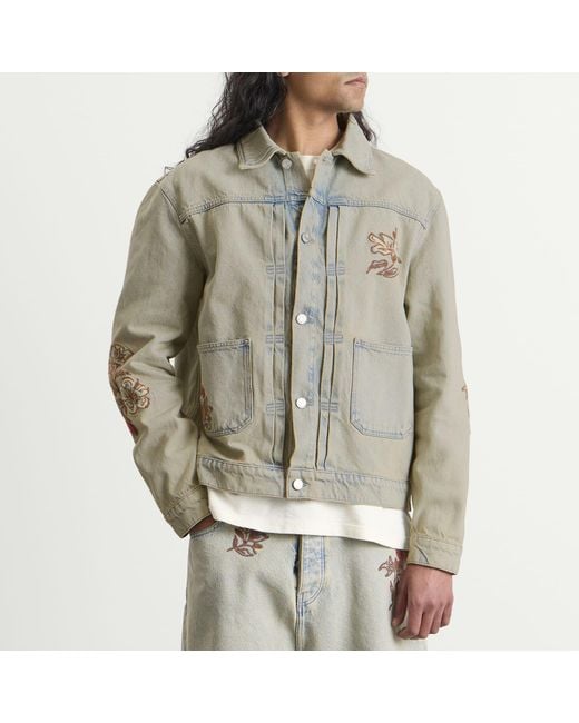 Drole de Monsieur Gray Embroidered Flowers Patch Denim Jacket for men