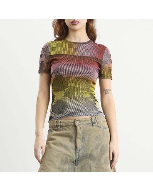 PAOLINA RUSSO Gray Illusion Knit Cap Sleeve T-Shirt