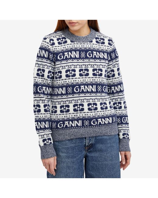 Ganni Blue Logo Wool Mix O-Neck Pullover