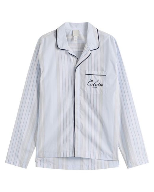 Calvin Klein Blue Poplin Script Button Down Pyjama Top for men