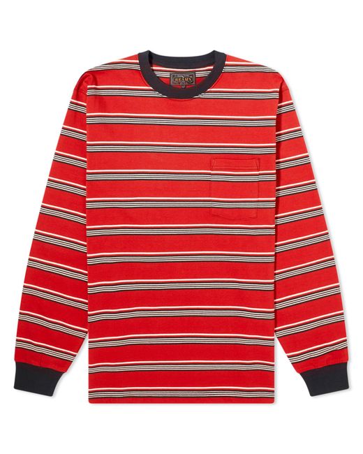 Beams Plus Red Long Sleeve Multi Stripe Pocket T-Shirt for men